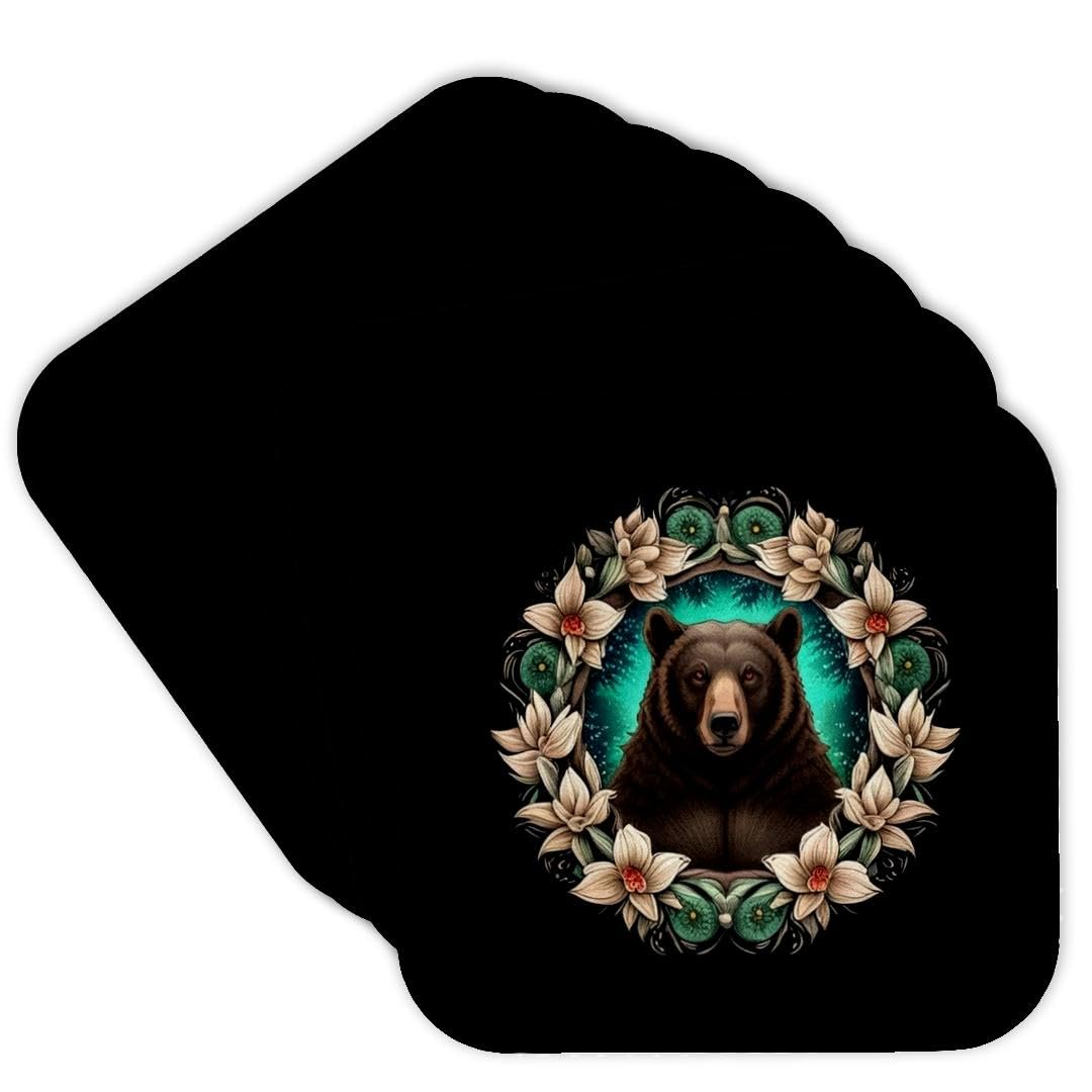 Black Bear Yucca Flower Tattoo Set of 8 Coasters D323