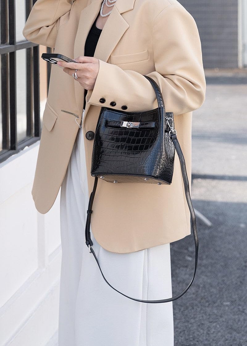 Crocodile Embossed Leather Bucket Bag P1739