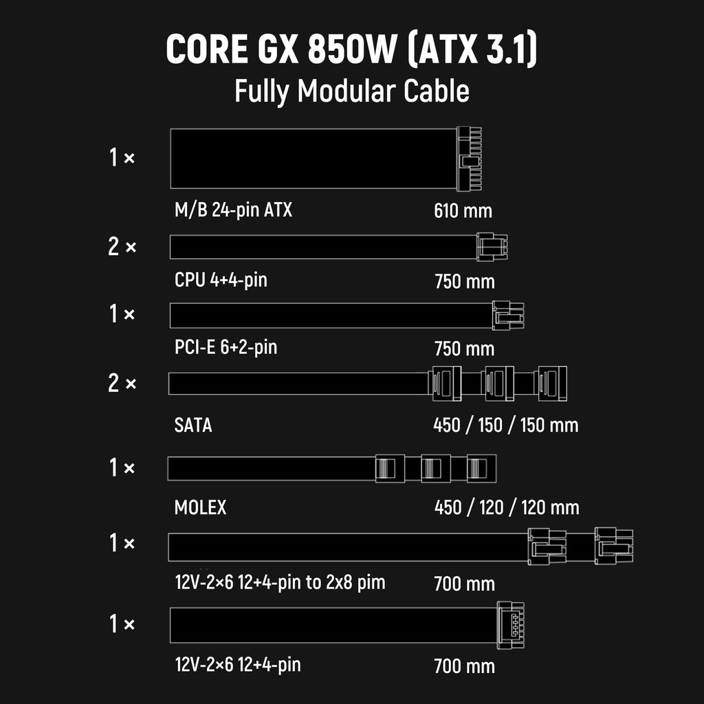 850W ATX 3.1 PCIe 5.1 Power Supply X382