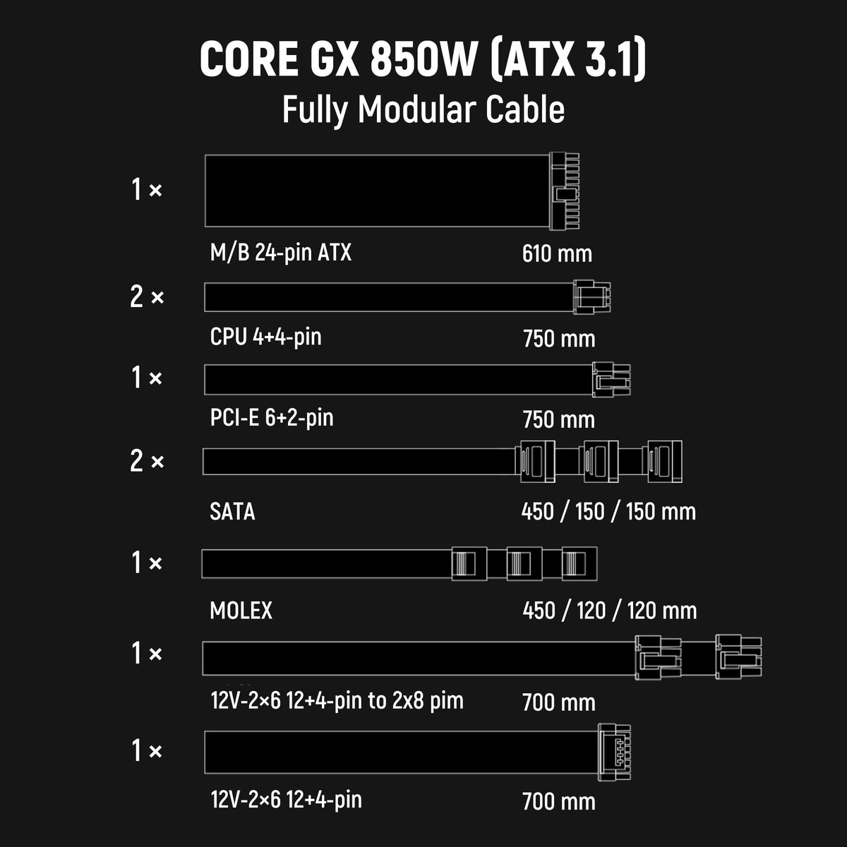 850W ATX 3.1 PCIe 5.1 Power Supply X382