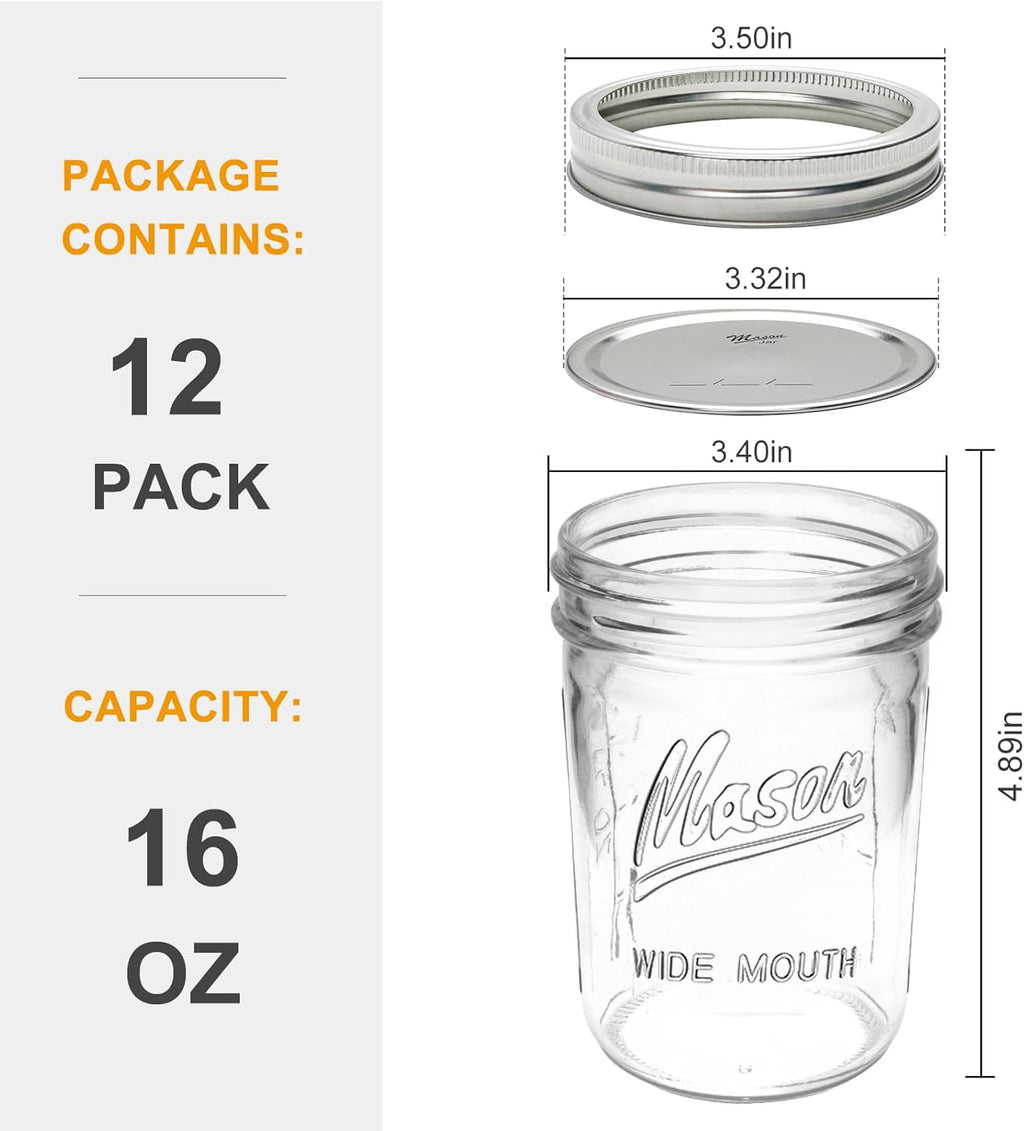 16 oz Glass Mason Jars with Lids 12pcs V8486