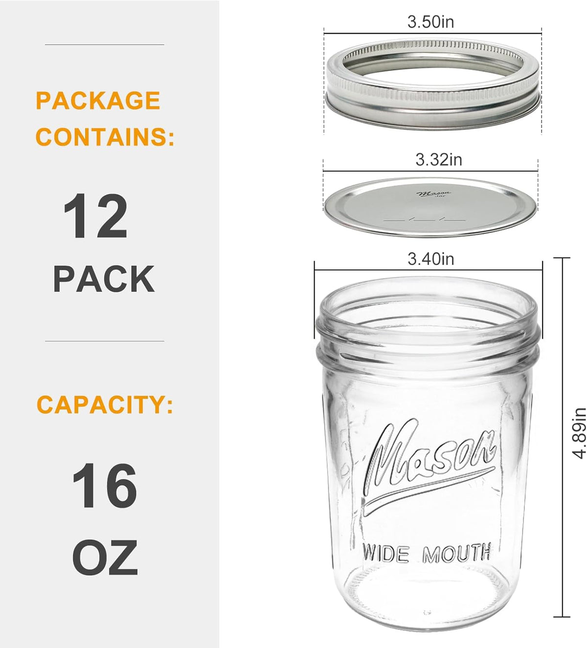 16 oz Glass Mason Jars with Lids 12pcs V8486