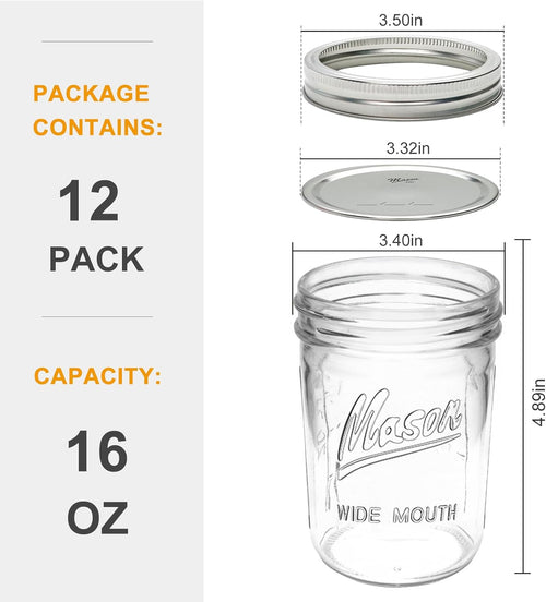 16 oz Glass Mason Jars with Lids 12pcs V8486