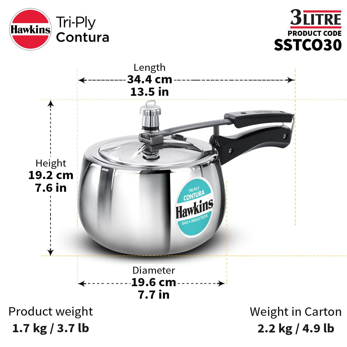 3 Litre Triply Stainless Steel Pressure Cooker E579108