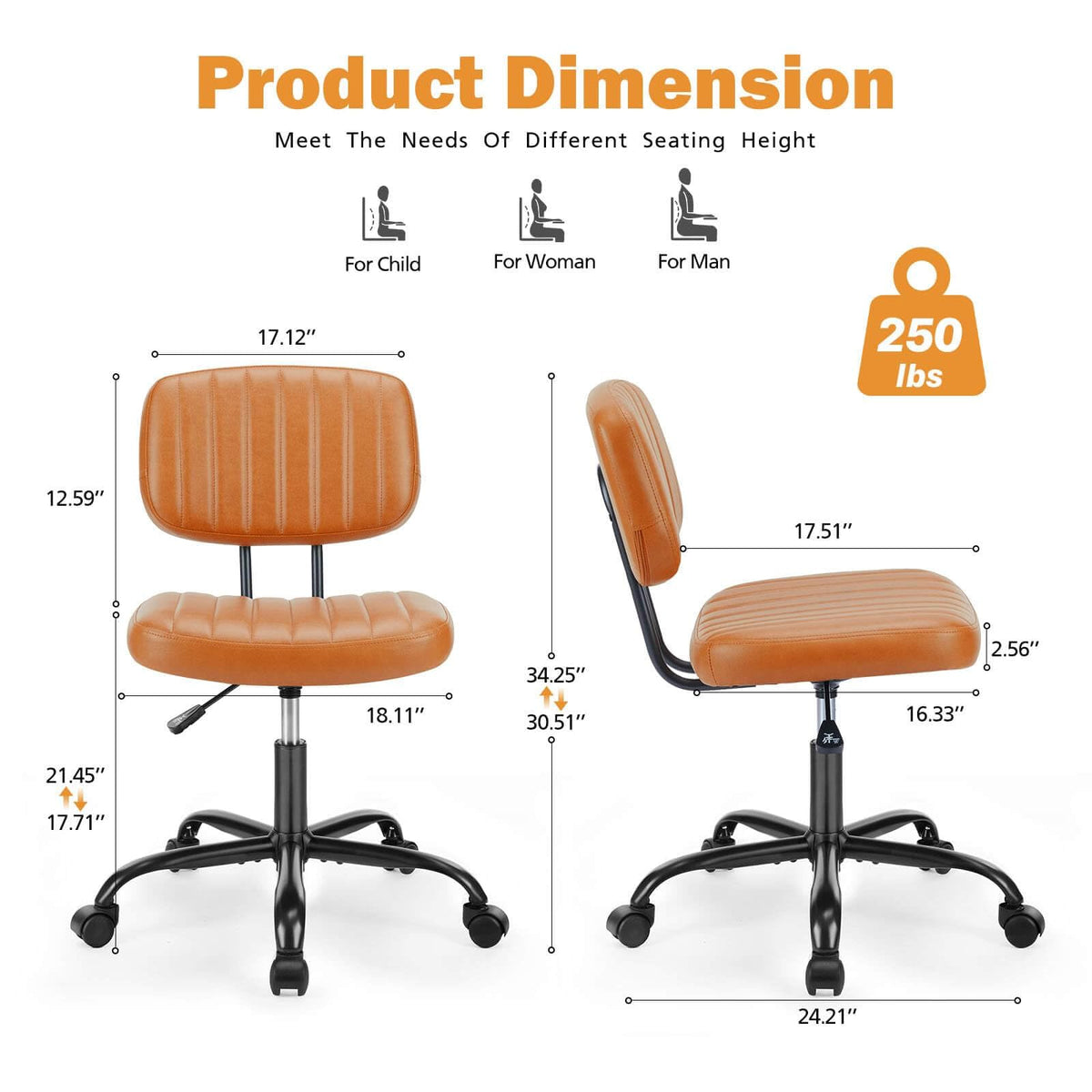 Orange Adjustable Height Swivel Rolling Office Chair U9658