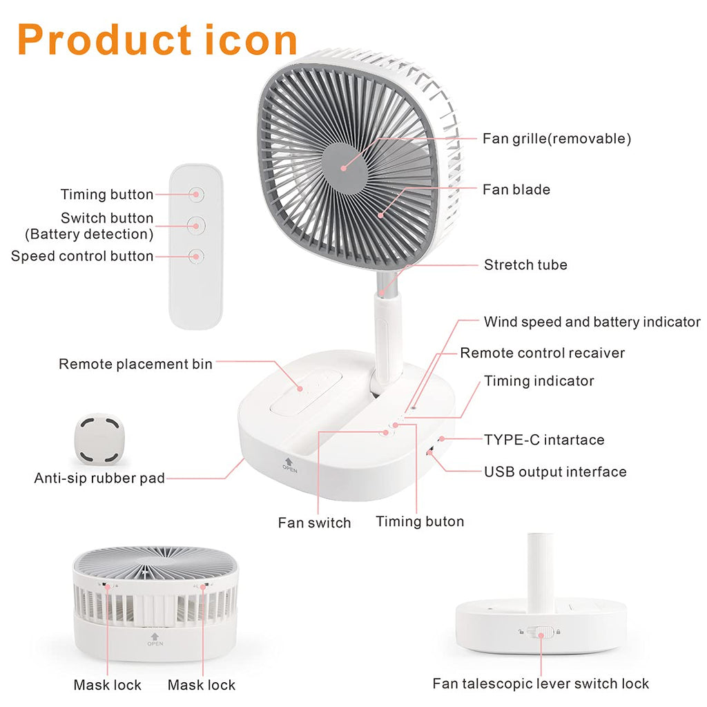 Portable Foldaway Standing Fan 7200Mah Rechargeable Battery Remote Control Telescopic 4 Speed Quiet Timer Gray G802