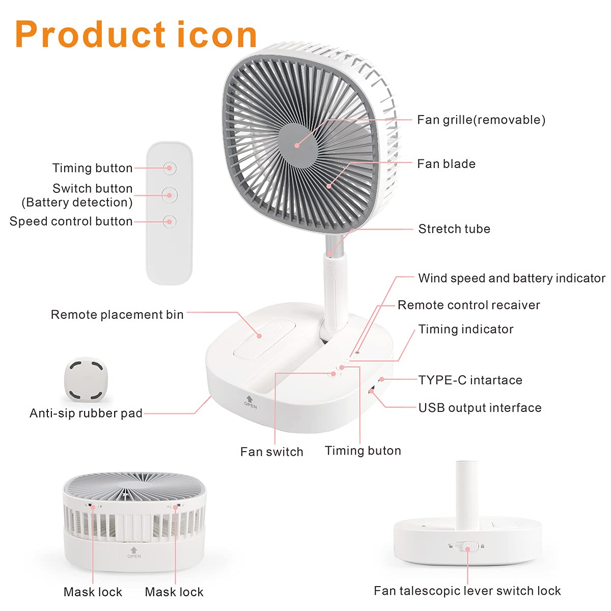 Portable Foldaway Standing Fan 7200Mah Rechargeable Battery Remote Control Telescopic 4 Speed Quiet Timer Gray G802