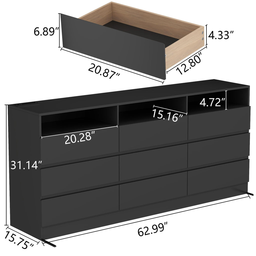 Black 9 Drawer Wood Dresser with Power Outlet E4561