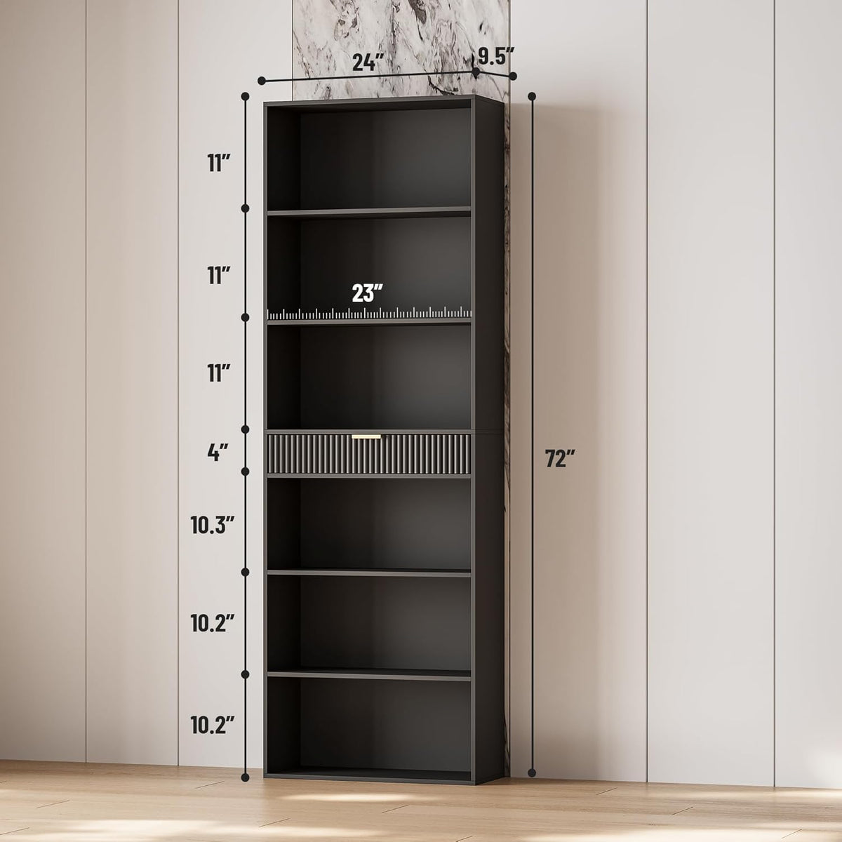 7-Tier Black Bookshelf with Drawer X55969