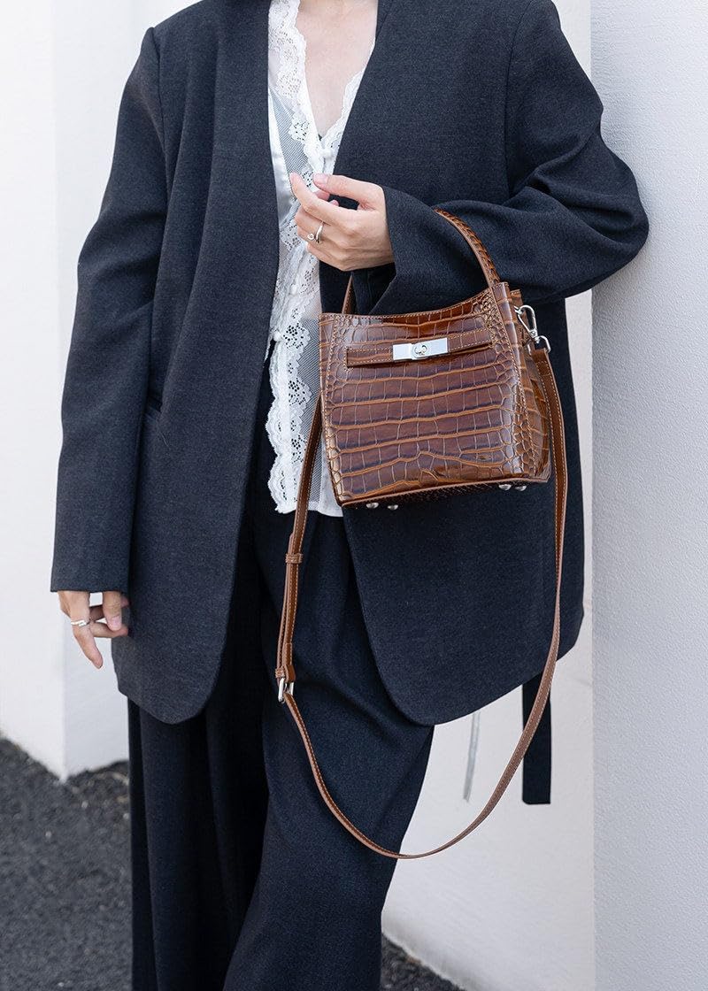 Crocodile Embossed Leather Bucket Bag P1739