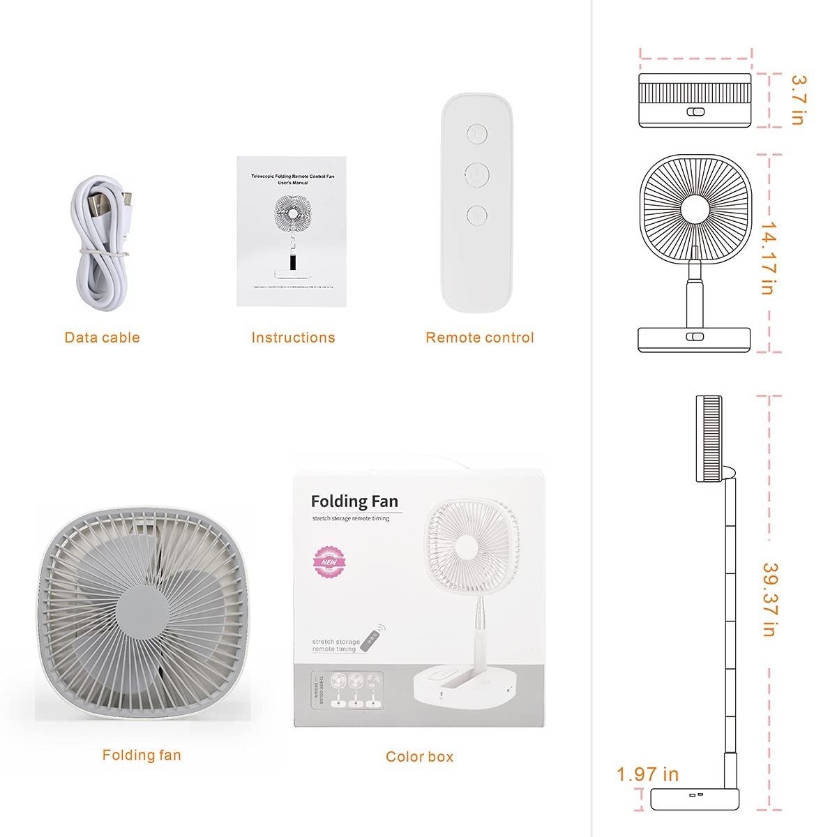 Portable Foldaway Standing Fan 7200Mah Rechargeable Battery Remote Control Telescopic 4 Speed Quiet Timer Gray G802