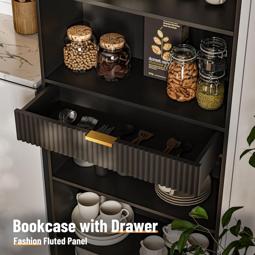 7-Tier Black Bookshelf with Drawer X55969