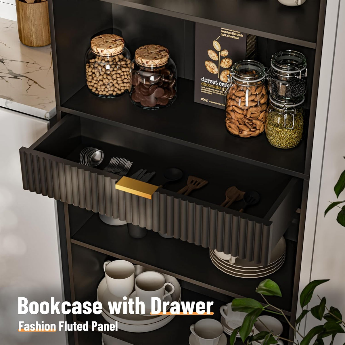 7-Tier Black Bookshelf with Drawer X55969