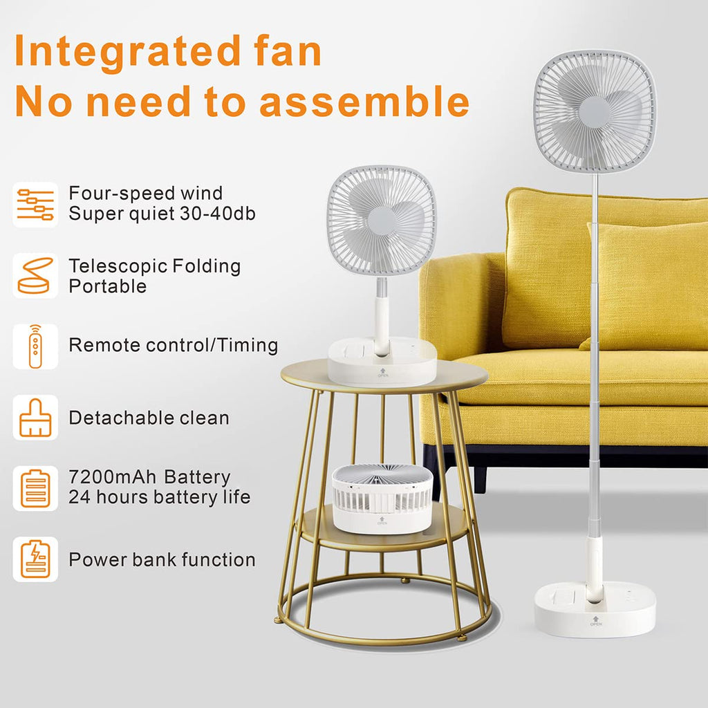 Portable Foldaway Standing Fan 7200Mah Rechargeable Battery Remote Control Telescopic 4 Speed Quiet Timer Gray G802