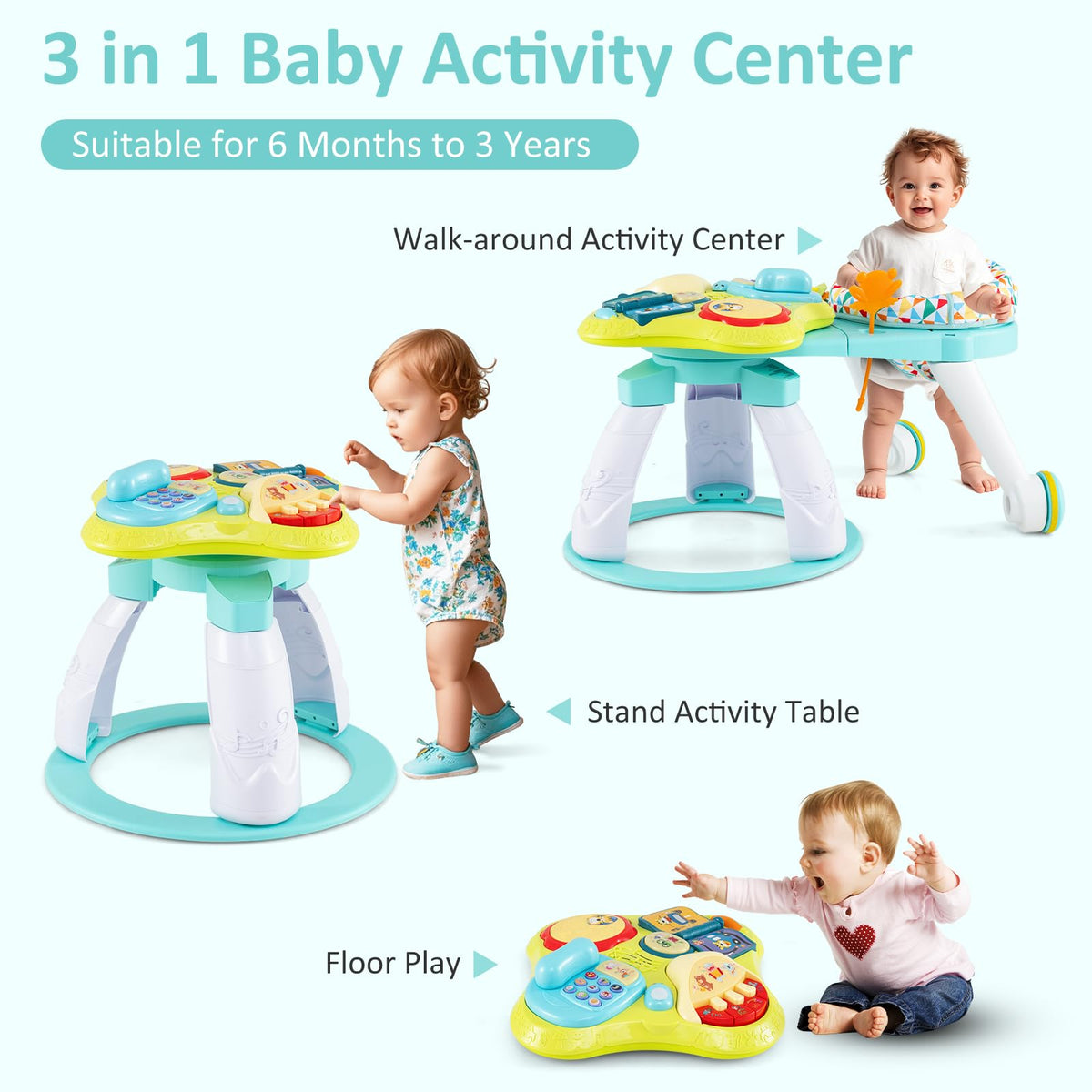 3 in 1 Baby Activity Center Walker with Play Table Green V6292