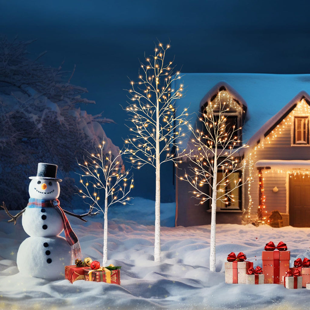 White Birch Tree with Lights Set of 3 Christmas Decorations with Warm White Lights R39464