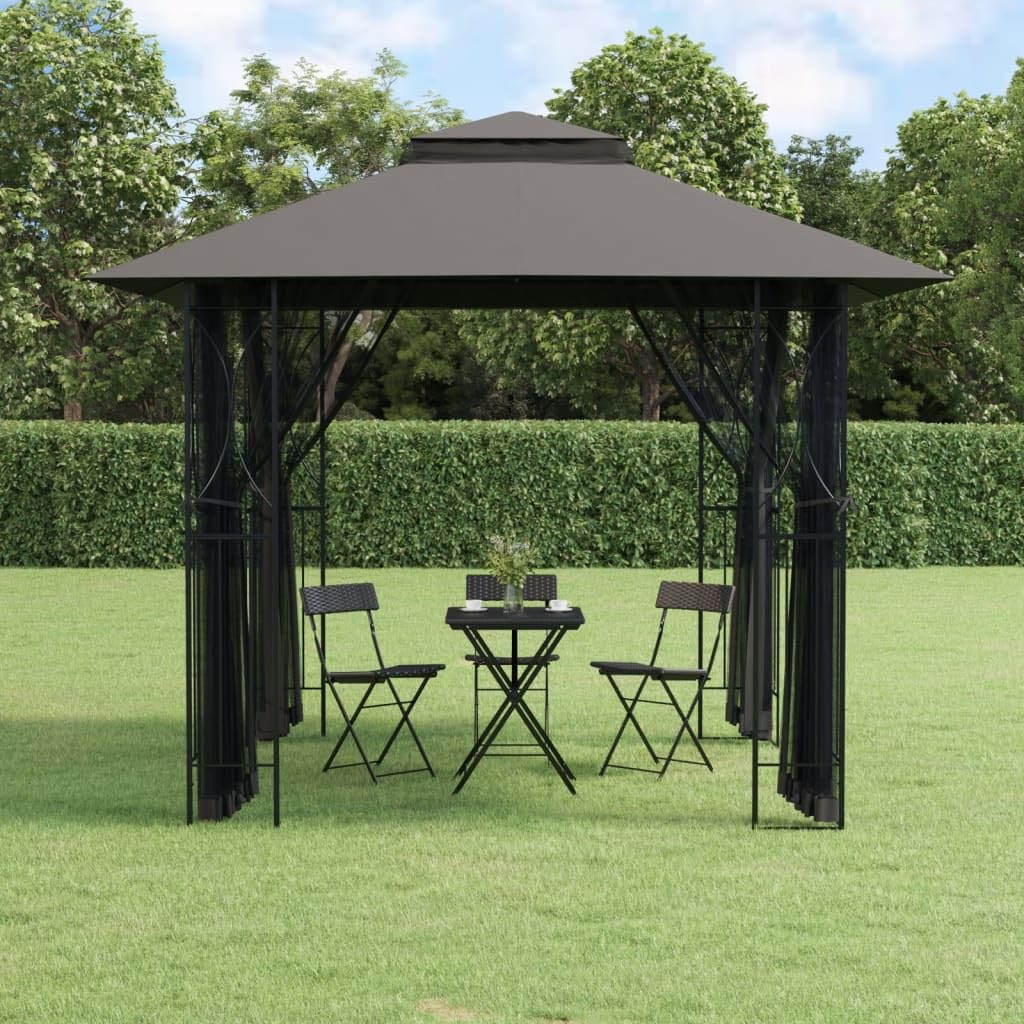 Steel Gazebo with Mesh Sidewalls Double-Tiered Roof M262264