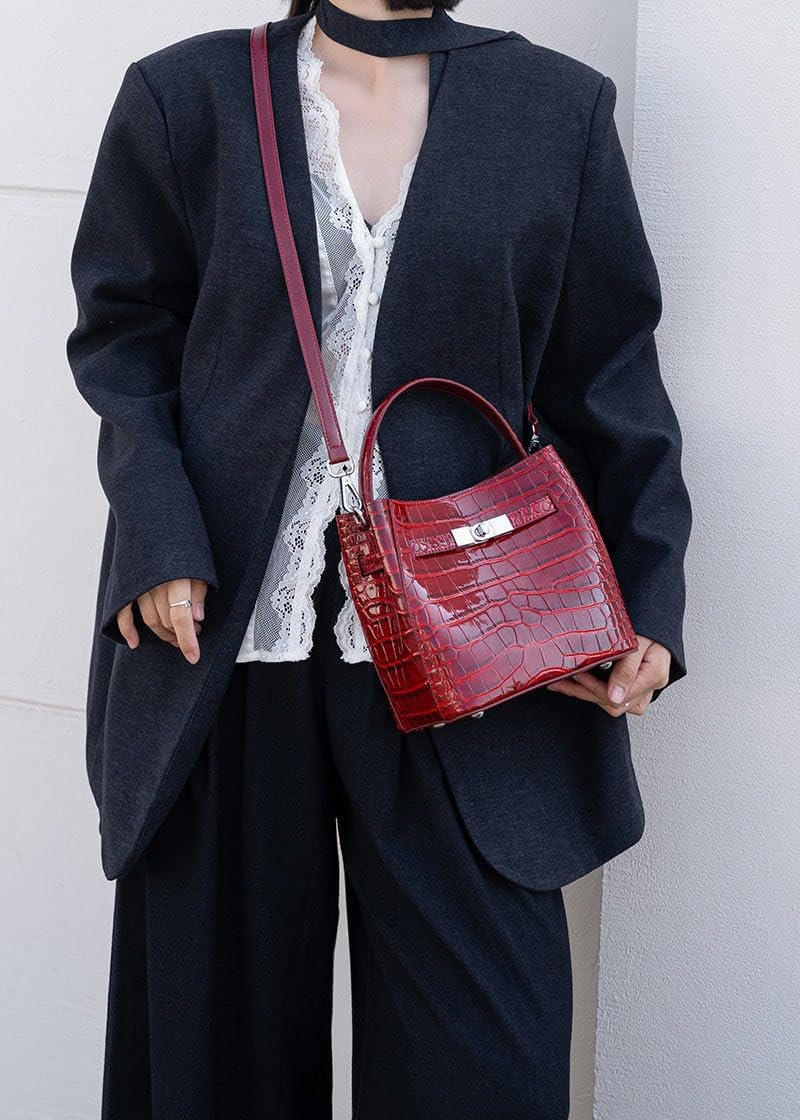 Crocodile Embossed Leather Bucket Bag P1739