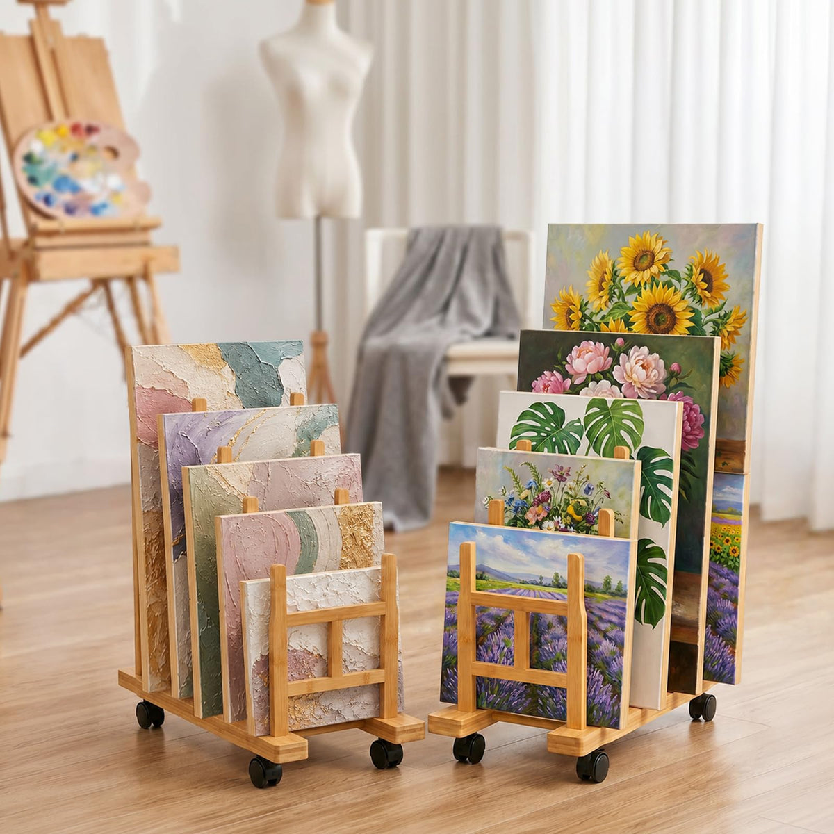 5 Slots Adjustable Bamboo Art Storage Drying Rack with Caster Wheel I97271