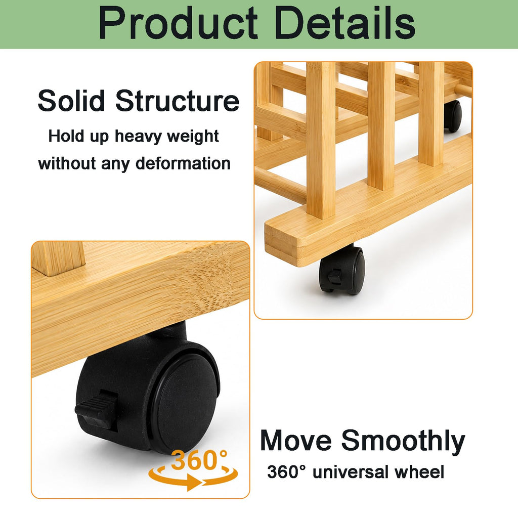 5 Slots Adjustable Bamboo Art Storage Drying Rack with Caster Wheel I97271