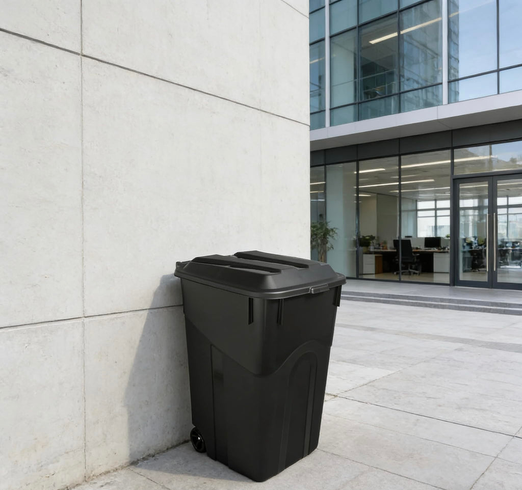 45 Gallon Black Wheeled Garbage Can with Attached Lid Y9634