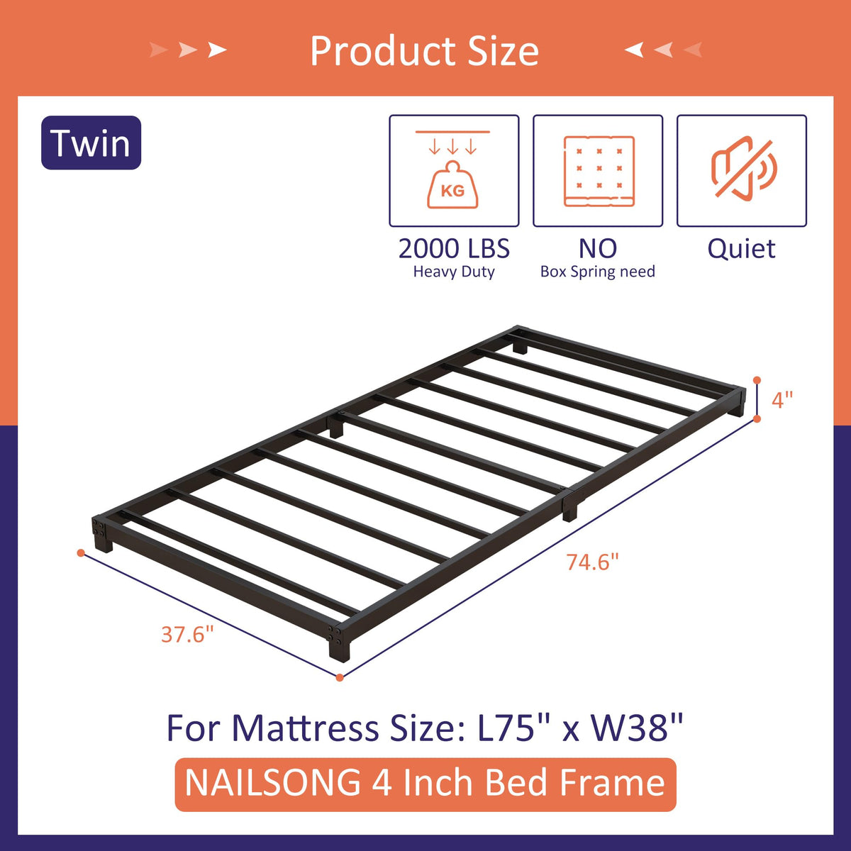 4 Inch Low Profile Twin Platform Bed Frame I678333