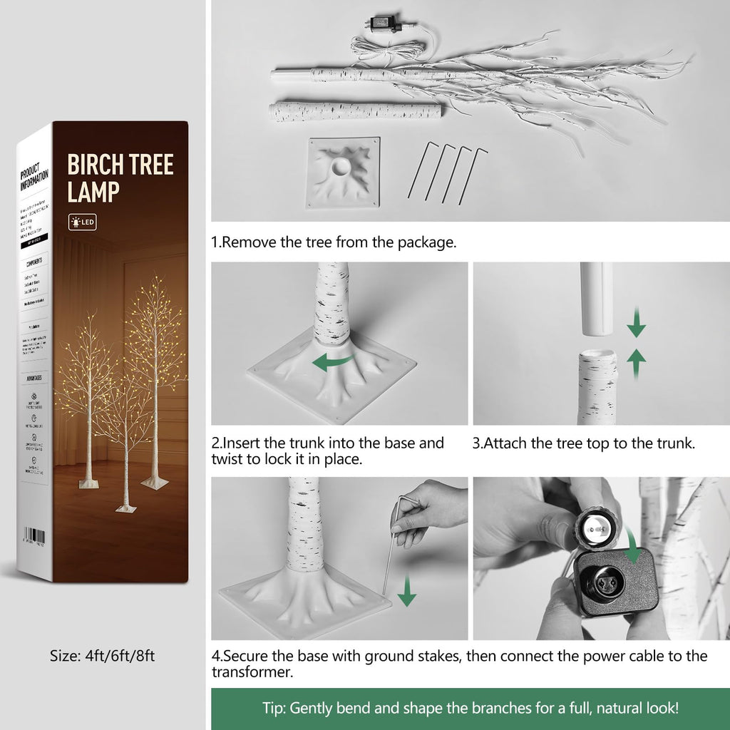 White Birch Tree with Lights Set of 3 Christmas Decorations with Warm White Lights R39464