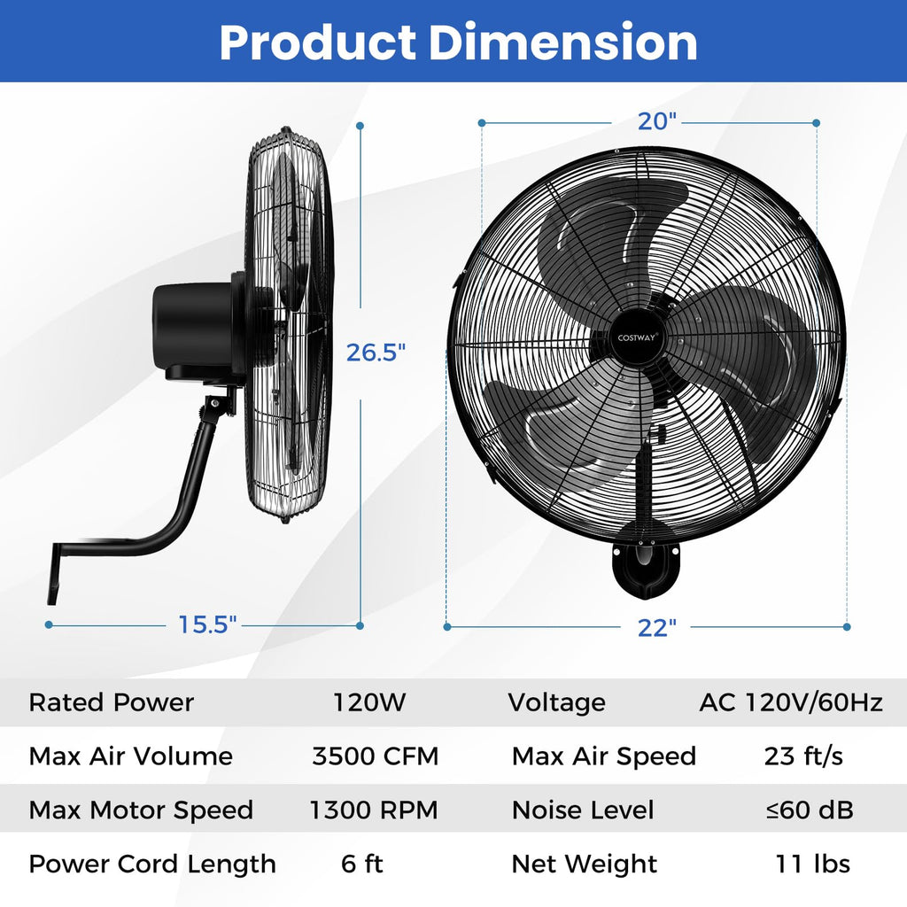 20-inch 3 Speed Metal Wall Mount Fan U2289