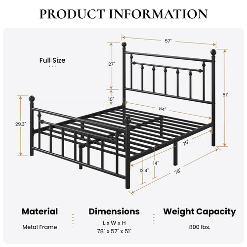 14" Full Size Black Metal Platform Bed Frame with Headboard and Footboard G97797