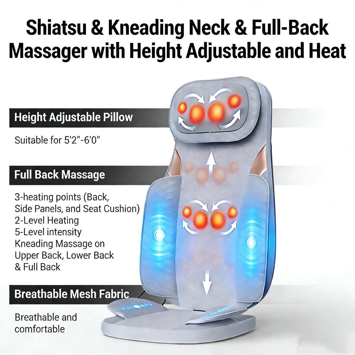 Gray Shiatsu Massage Chair Pad with Heat P39033