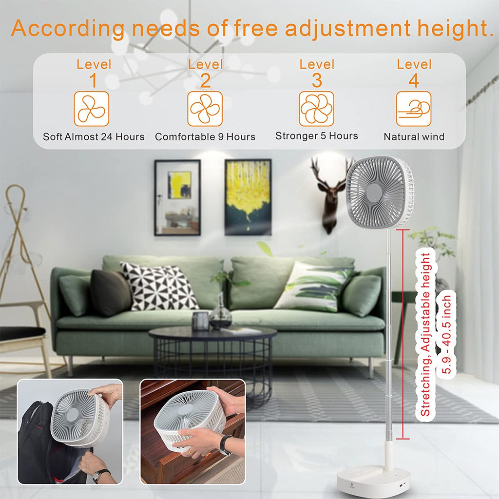 Portable Foldaway Standing Fan 7200Mah Rechargeable Battery Remote Control Telescopic 4 Speed Quiet Timer Gray G802