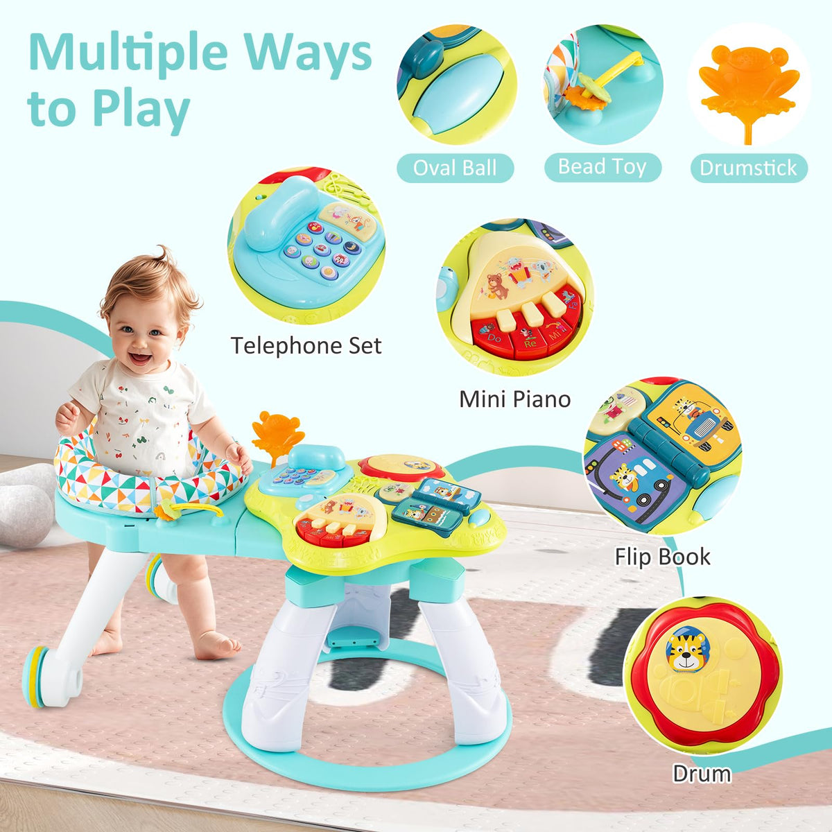 3 in 1 Baby Activity Center Walker with Play Table Green V6292