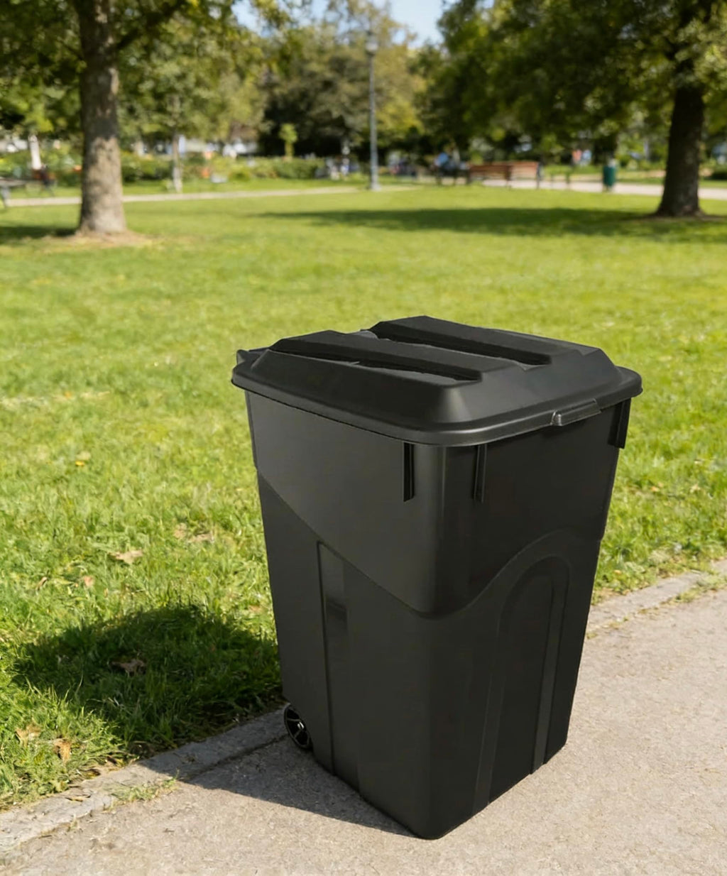 45 Gallon Black Wheeled Garbage Can with Attached Lid Y9634