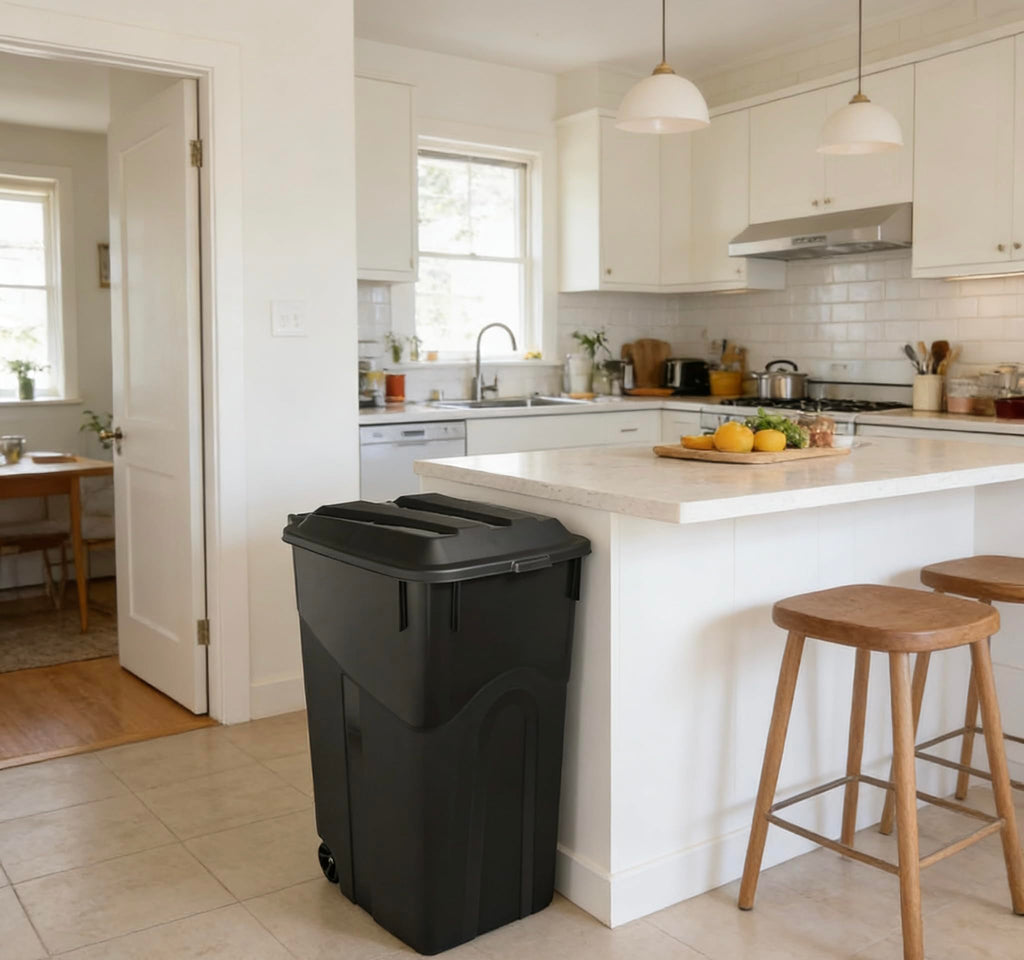 45 Gallon Black Wheeled Garbage Can with Attached Lid Y9634