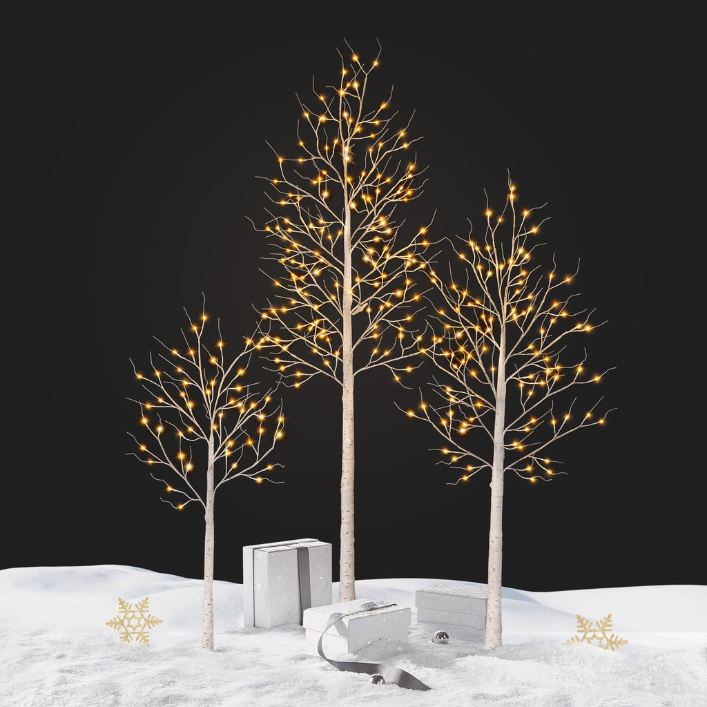 White Birch Tree with Lights Set of 3 Christmas Decorations with Warm White Lights R39464