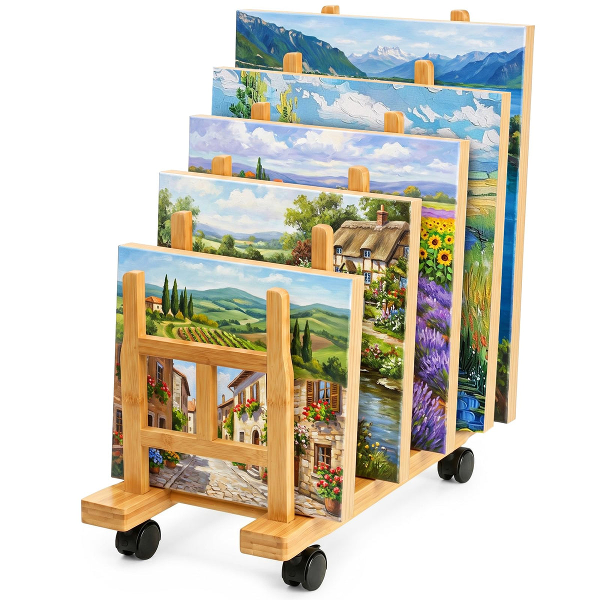 5 Slots Adjustable Bamboo Art Storage Drying Rack with Caster Wheel I97271