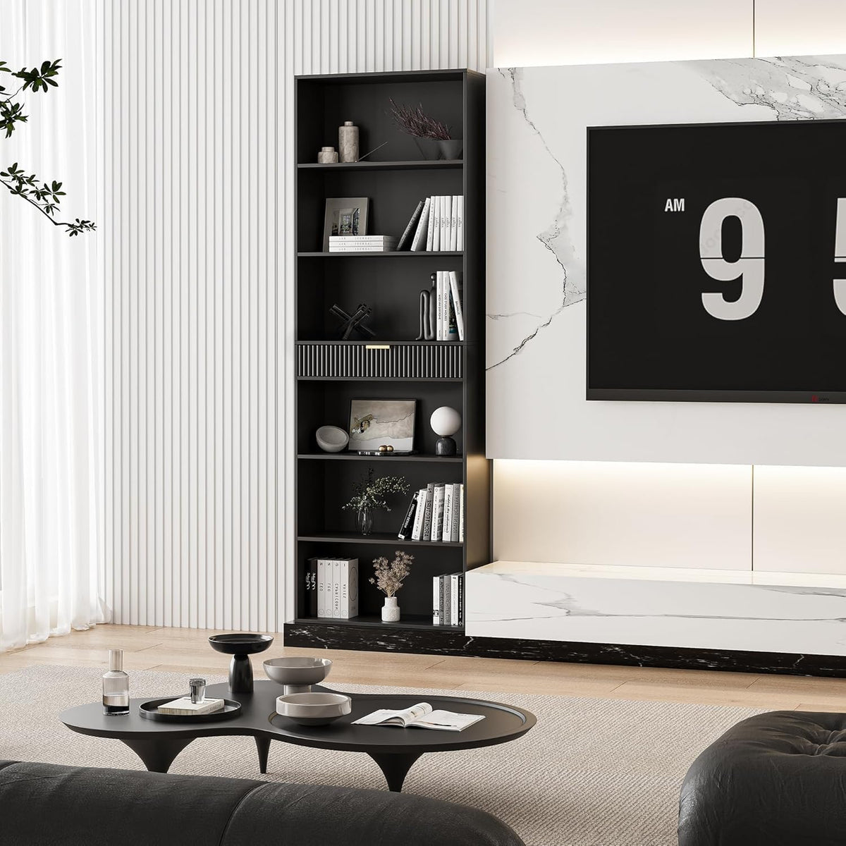 7-Tier Black Bookshelf with Drawer X55969