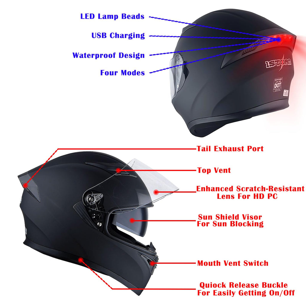 Full Face Motorcycle Helmet with LED Tail Light Matt Black G578