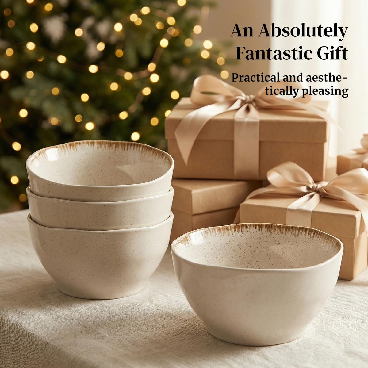 30 OZ Ceramic Soup Bowls Set of 4 Beige D363577