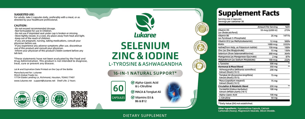 Selenium with Iodine, Zinc L-Tyrosine 500mg, Ashwagandha, 16-in-1 Multivitamin Formula, 90 Capsules W860239
