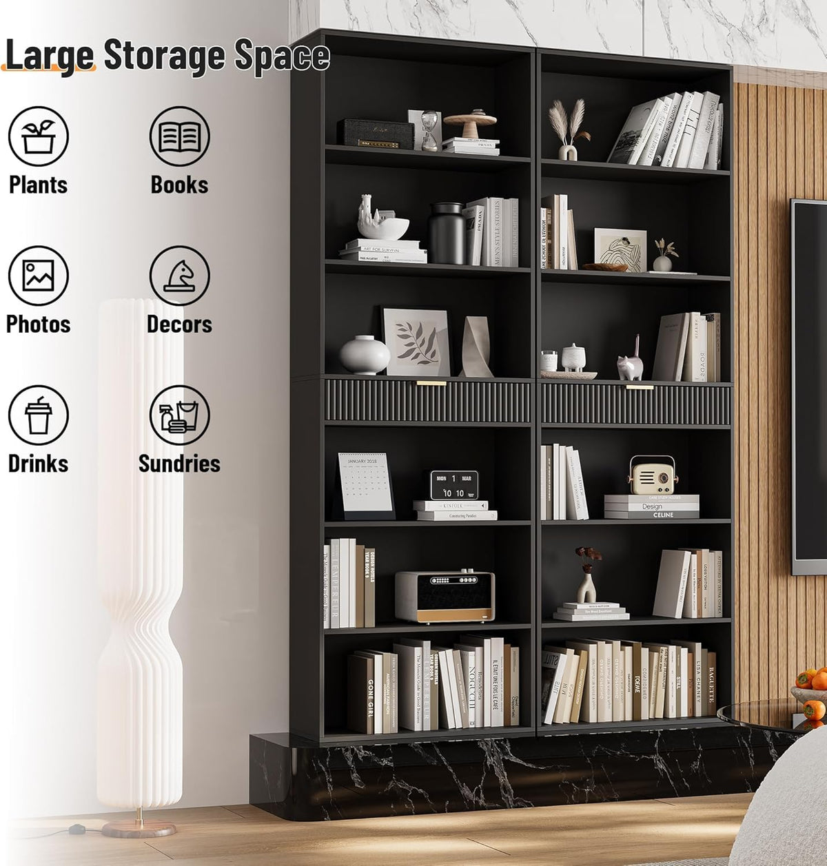 7-Tier Black Bookshelf with Drawer X55969