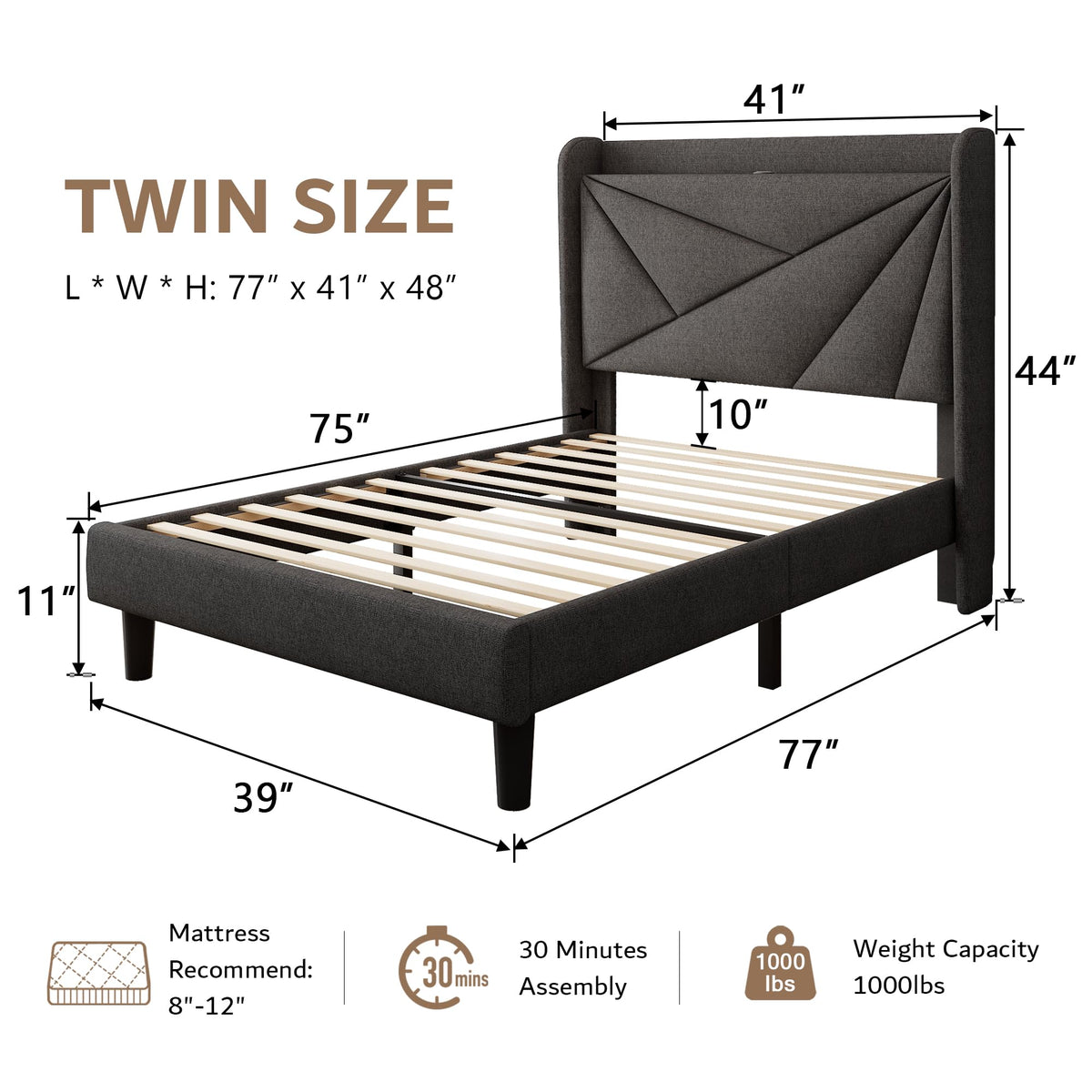 Twin Size Linen Platform Bed Frame with Wingback Upholstered Headboard I351