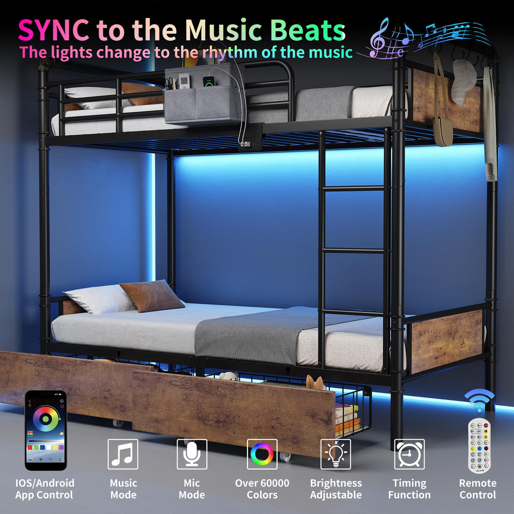 Metal LED Bunk Bed Twin Over Twin with 2 Storage Drawers C323