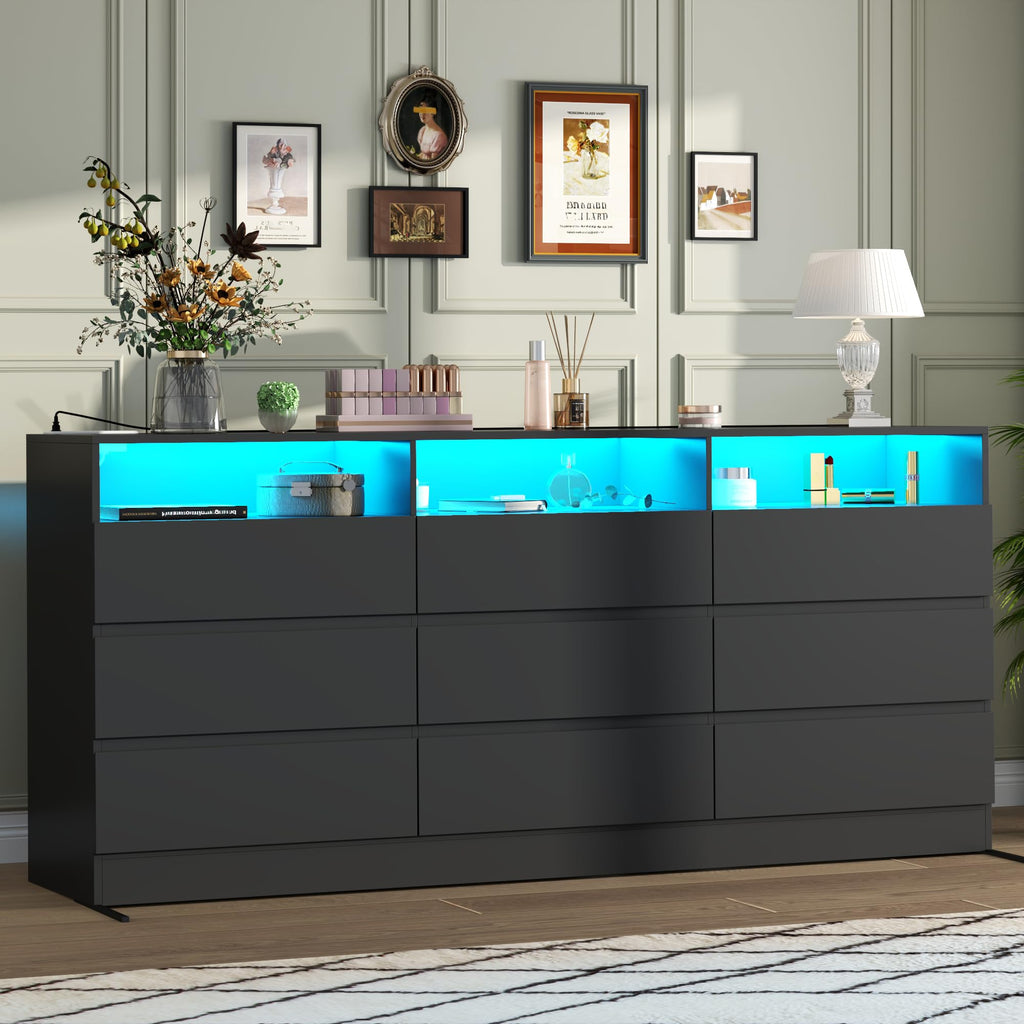 Black 9 Drawer Wood Dresser with Power Outlet E4561