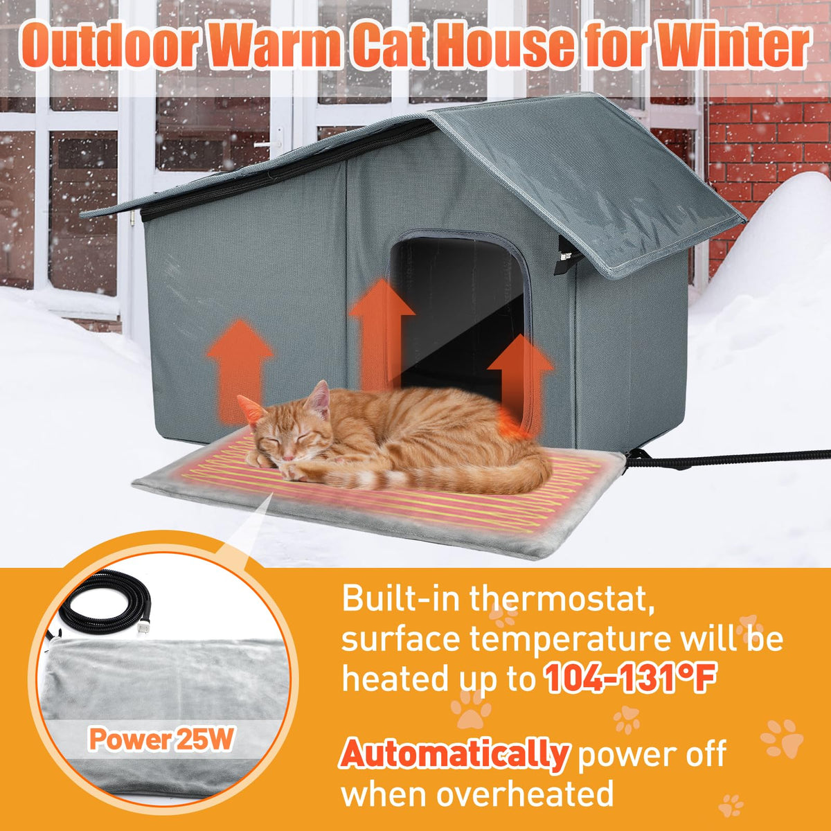 Weatherproof Outdoor Heated Cat House with Thermostatic Heating Pad F774180