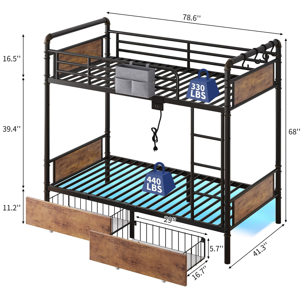 Metal LED Bunk Bed Twin Over Twin with 2 Storage Drawers C323