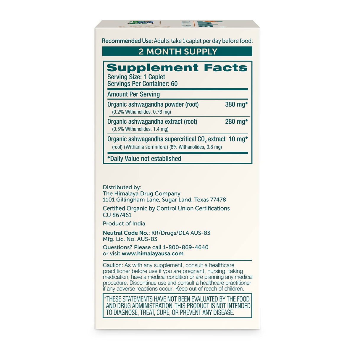 USDA Organic Ashwagandha Root 670 mg 60 Caplets E635125