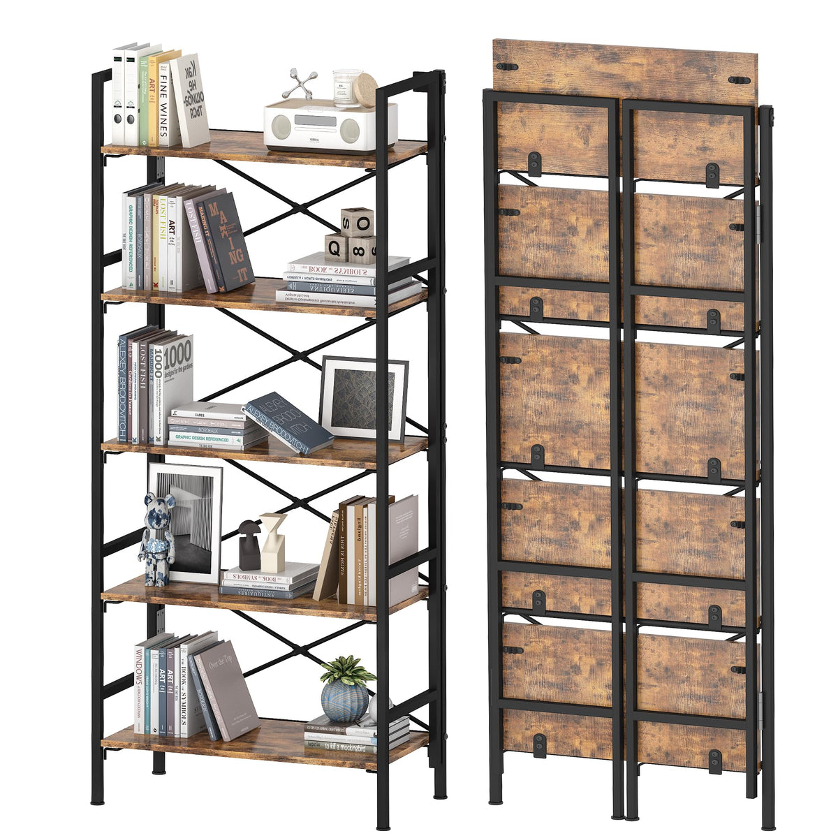 Folding 5 Tier Bookcase with X-Bracket Design U55860