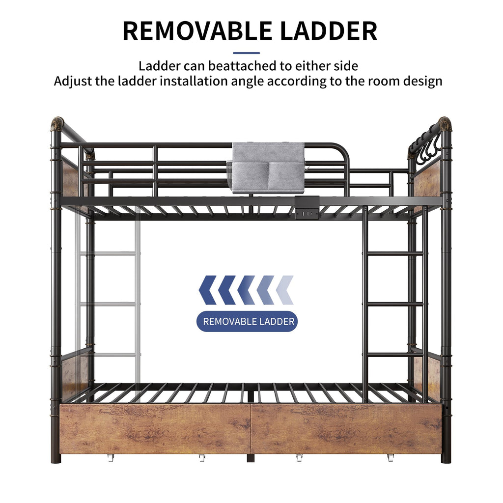 Metal LED Bunk Bed Twin Over Twin with 2 Storage Drawers C323