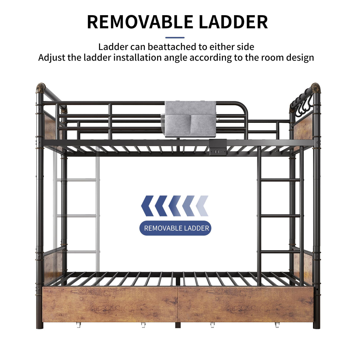 Metal LED Bunk Bed Twin Over Twin with 2 Storage Drawers C323